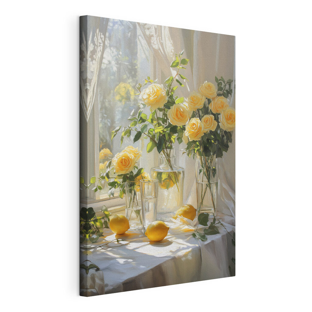 Yellow flowers in vases with lemons