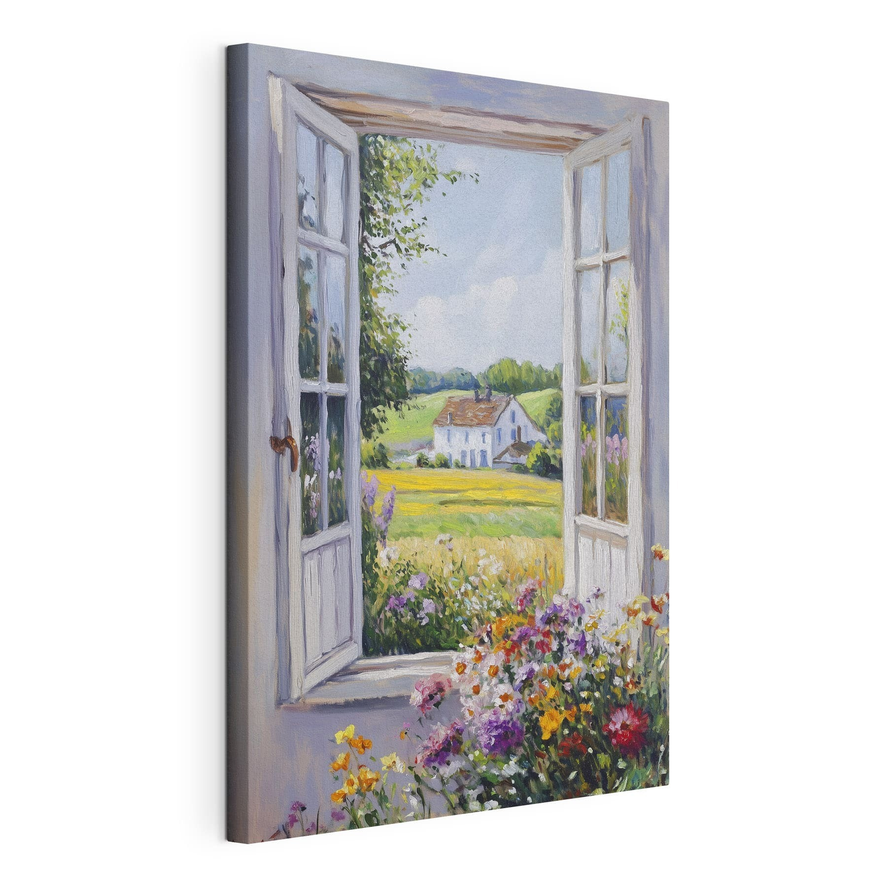 Painting of a house seen through a window Painting of a house seen through a window