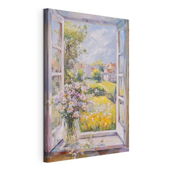 Canvas Schilderijen Canvas Schilderijen Schilderij van een raam met bloemen erin (Artikelnummer: s43889)
