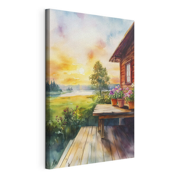 Canvas Schilderijen Aquarel schilderij van een huis met bloemen op een tafel (Artikelnummer: s44017) Canvas Schilderijen Canvas Schilderijen Aquarel schilderij van een huis met bloemen op een tafel (Artikelnummer: s44017)
