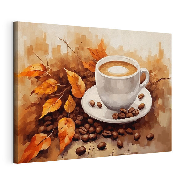 Canvas Schilderijen Koffiekop en bonen op een schoteltje