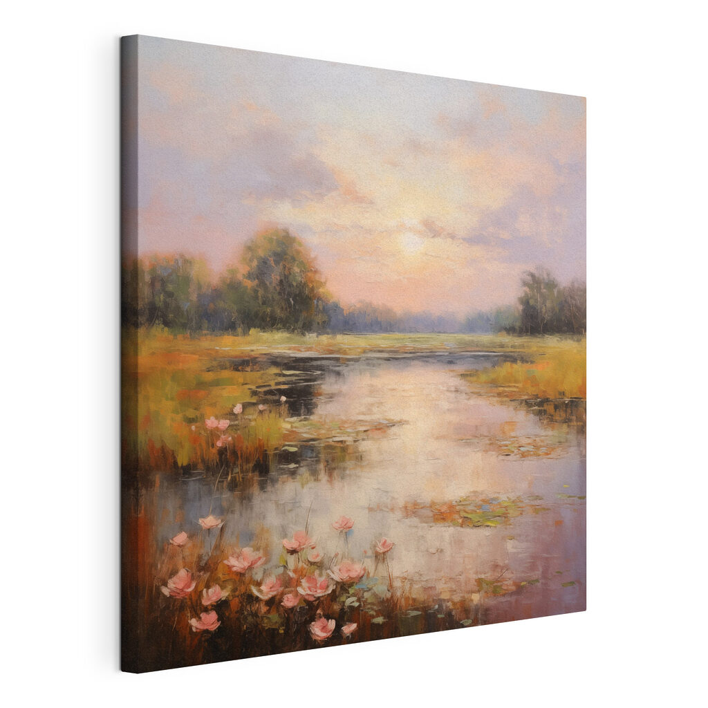 Painting of a lake with flowers