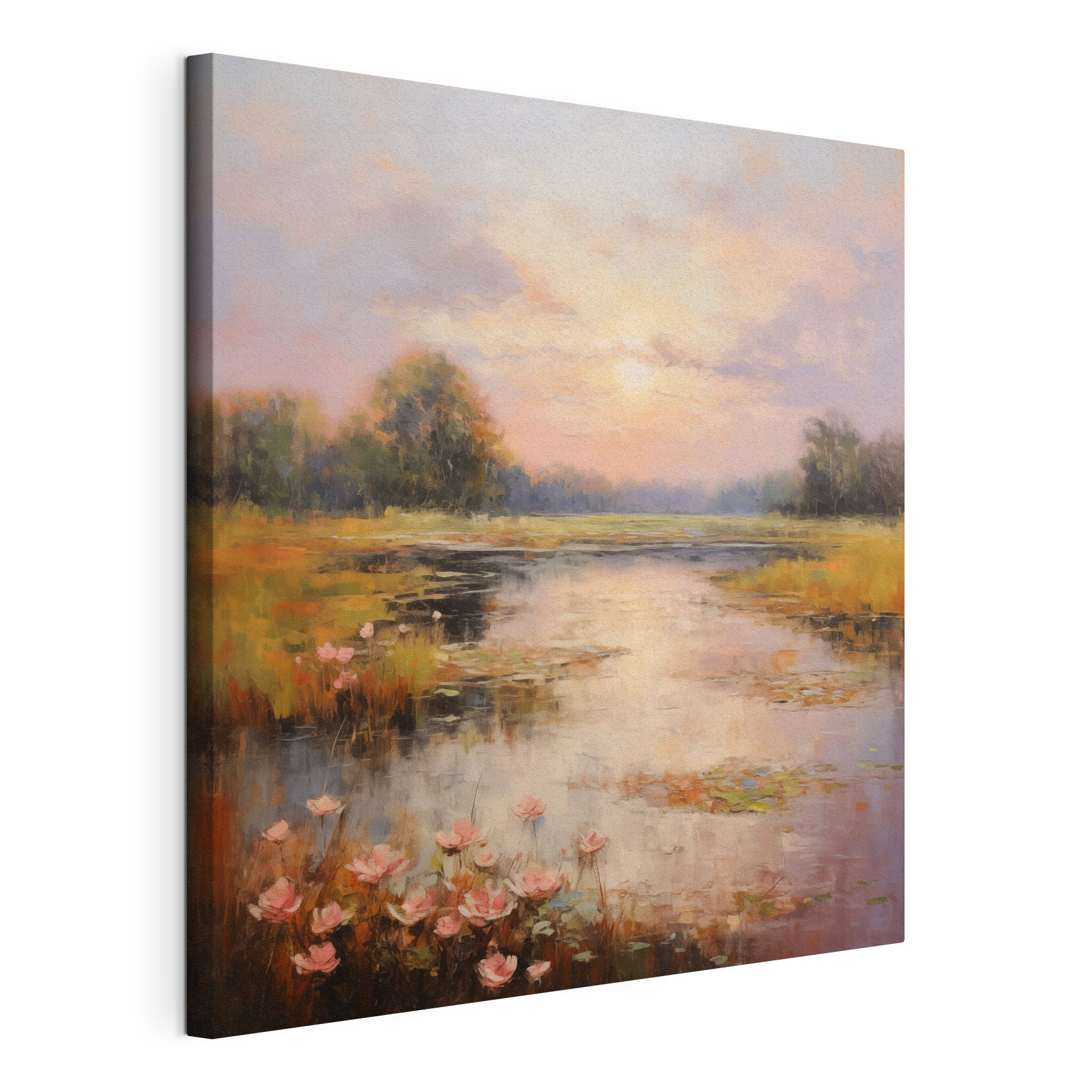 Painting of a lake with flowers