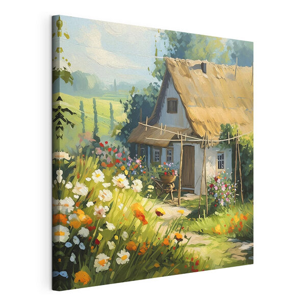 Canvas Schilderijen Canvas Schilderijen Een schilderij van een huis met bloemen en planten (Artikelnummer: s38491)