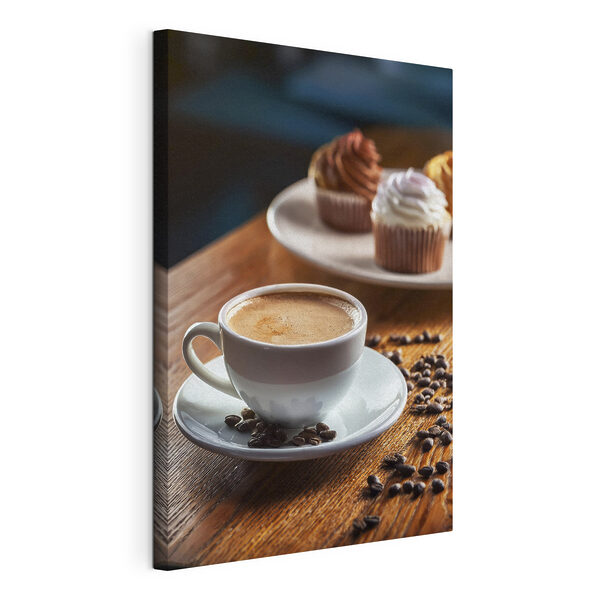 Canvas Schilderijen Canvas Schilderijen Kopje koffie en cupcakes op een tafel (Artikelnummer: s40417)