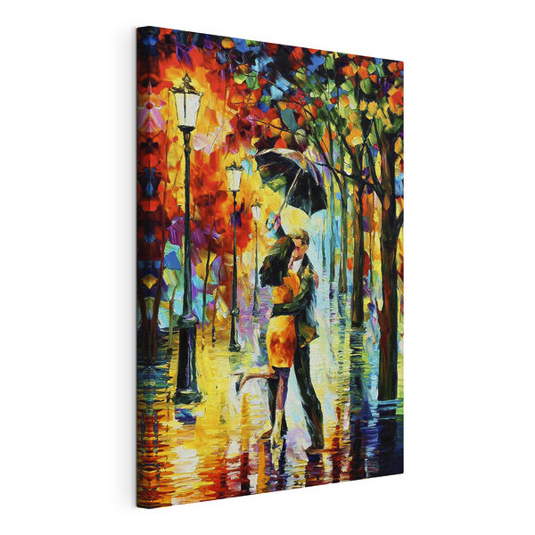 Een schilderij van een kussend stel onder een paraplu Canvas Schilderijen Een schilderij van een kussend stel onder een paraplu