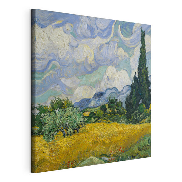 Een schilderij van een landschap met bomen en bergen Canvas Schilderijen Een schilderij van een landschap met bomen en bergen