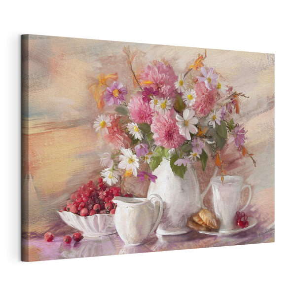 Een schilderij van bloemen in een vaas en een schaal met eten Canvas Schilderijen Een schilderij van bloemen in een vaas en een schaal met eten