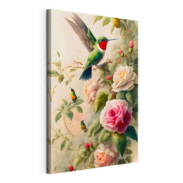 Canvas Schilderijen Een schilderij van vogels op een tak met bloemen