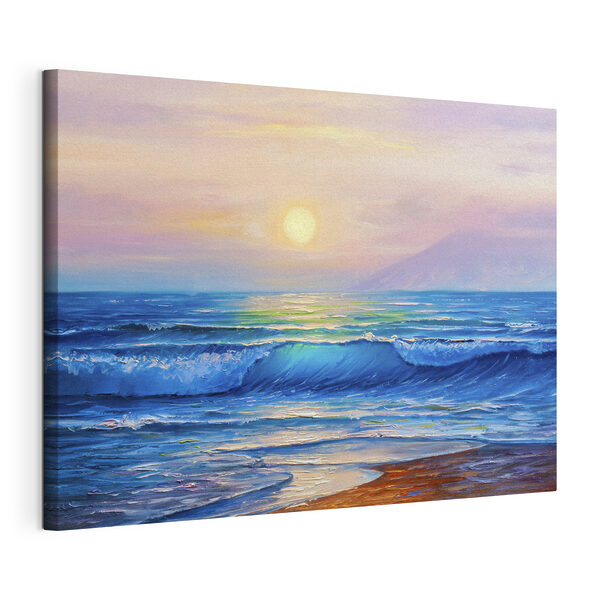 Canvas Schilderijen Een schilderij van een strand met golven en een zonsondergang