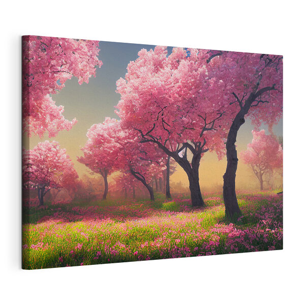 Een veld met roze bloemen en bomen Canvas Schilderijen Een veld met roze bloemen en bomen