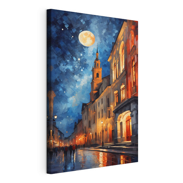 Straat met gebouwen en een maan Canvas Schilderijen Straat met gebouwen en een maan