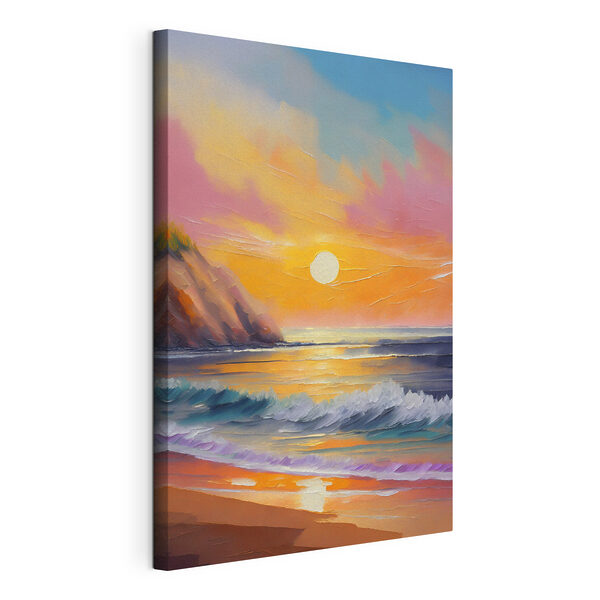 Canvas Schilderijen Schilderij van een strand met golven en heuvels