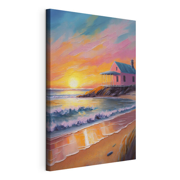 Canvas Schilderijen Schilderij van een huis op een strand