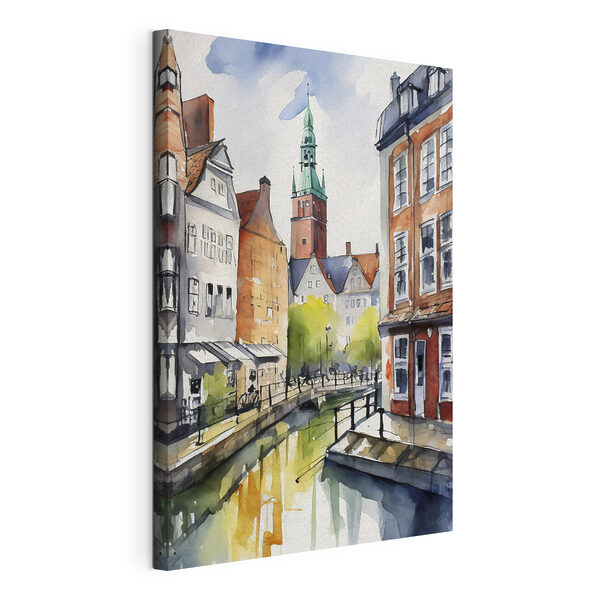 Aquarel van een kanaal met gebouwen en een toren Canvas Schilderijen Aquarel van een kanaal met gebouwen en een toren