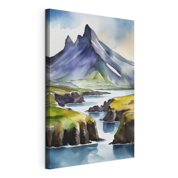 Canvas Schilderijen Aquarel van een berg en een rivier