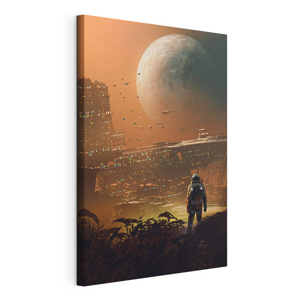 Canvas Schilderijen Een astronaut loopt in een stad