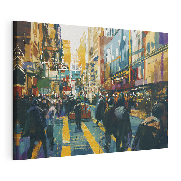 Canvas Schilderijen Een groep mensen aan het wandelen in een stad