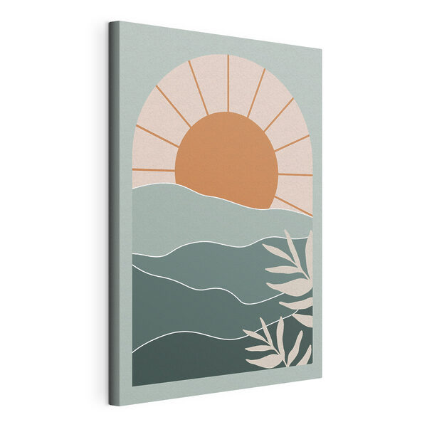 Een zon boven water met bladeren Canvas Schilderijen Een zon boven water met bladeren