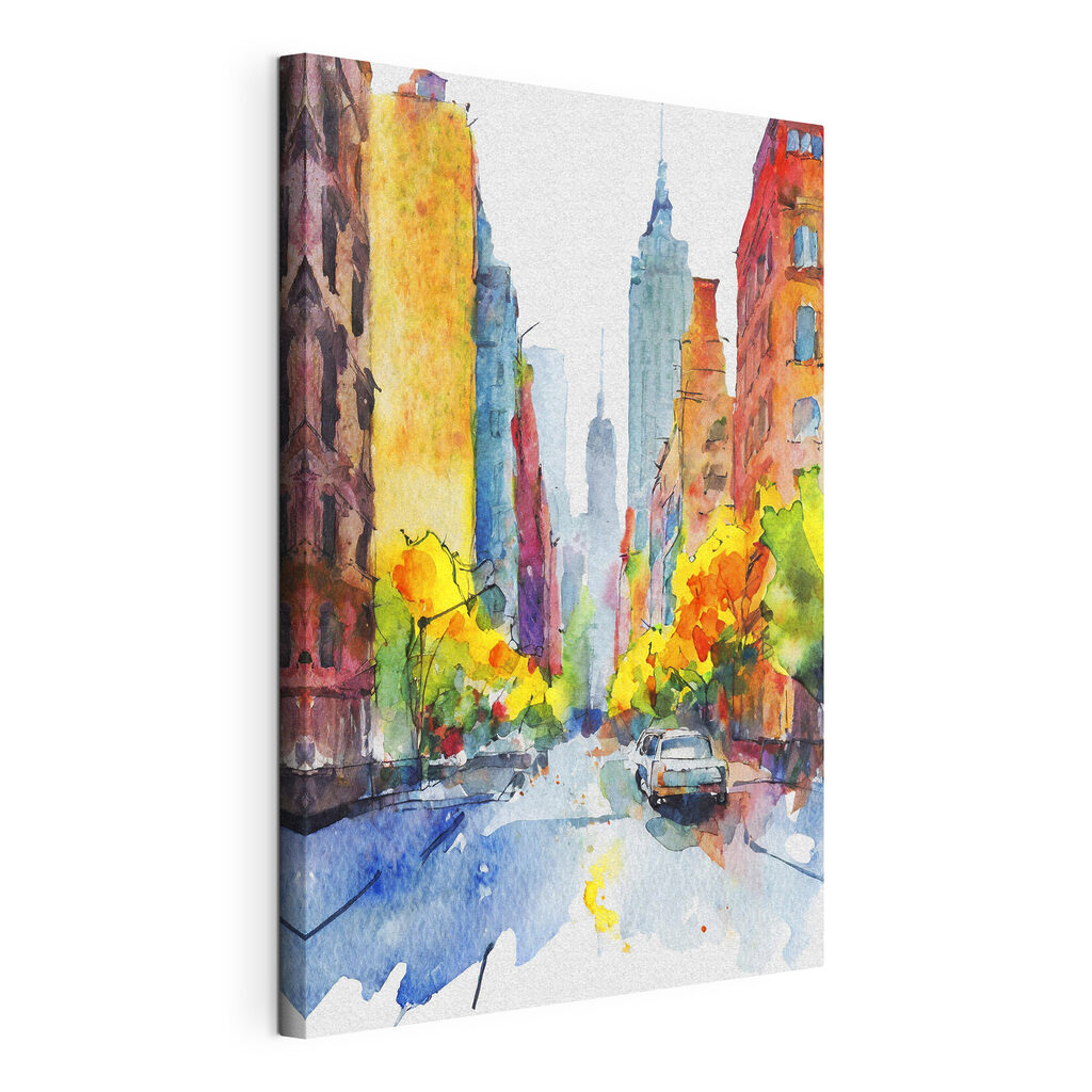 A watercolor painting of a street with buildings and cars
