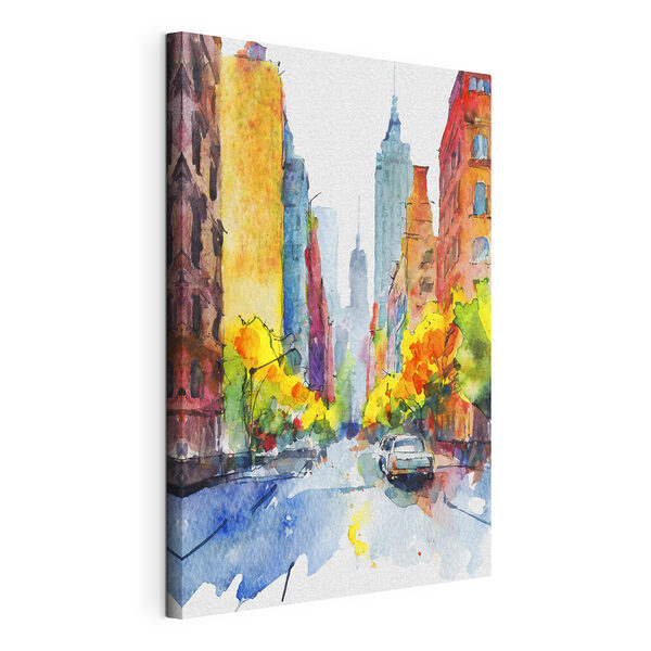 Canvas Schilderijen Een aquarelschilderij van een straat met gebouwen en auto's