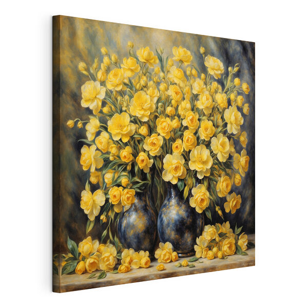 Een schilderij van gele bloemen in een vaas Canvas Schilderijen Een schilderij van gele bloemen in een vaas