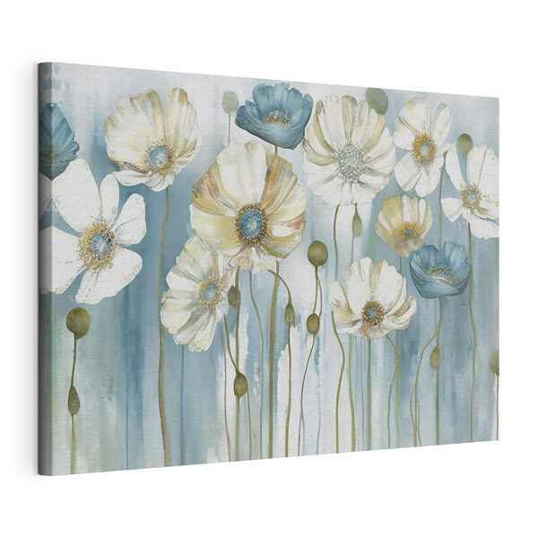 Een schilderij van witte en blauwe bloemen Canvas Schilderijen Een schilderij van witte en blauwe bloemen