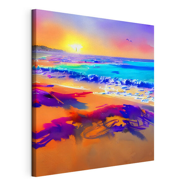 Een kleurrijk strand met golven en een zonsondergang Canvas Schilderijen Een kleurrijk strand met golven en een zonsondergang