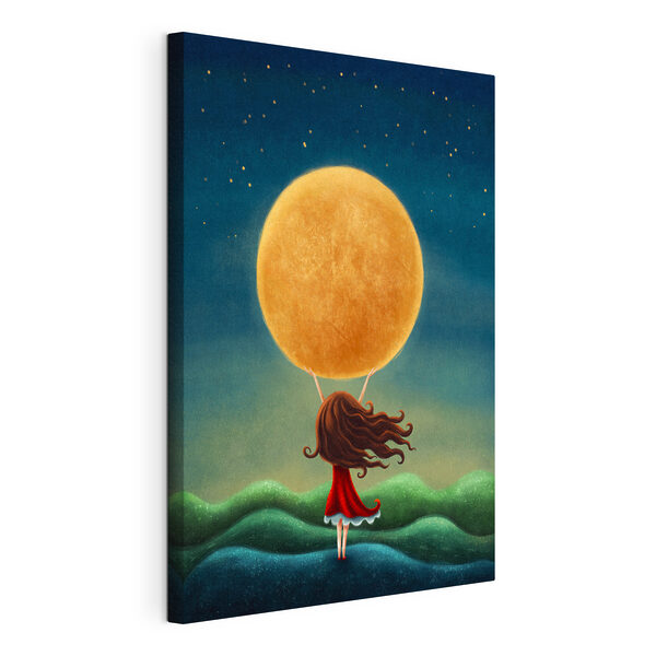 Een meisje met een grote gele maan Canvas Schilderijen Een meisje met een grote gele maan