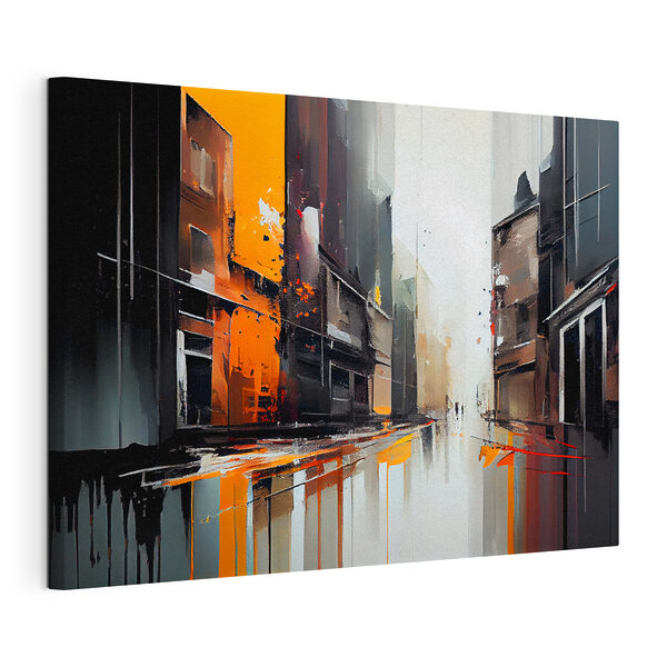 Een schilderij van een straat met gebouwen Canvas Schilderijen Een schilderij van een straat met gebouwen