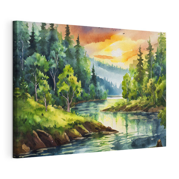 Canvas Schilderijen Aquarel van een rivier met bomen en bergen op de achtergrond