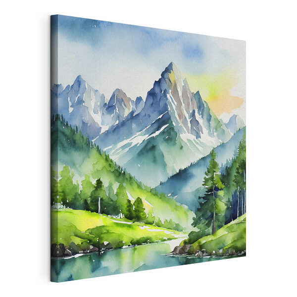 Aquarel van een bergrivier en bomen Canvas Schilderijen Aquarel van een bergrivier en bomen