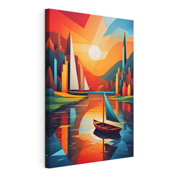 Een schilderij van boten op een rivier Canvas Schilderijen Een schilderij van boten op een rivier