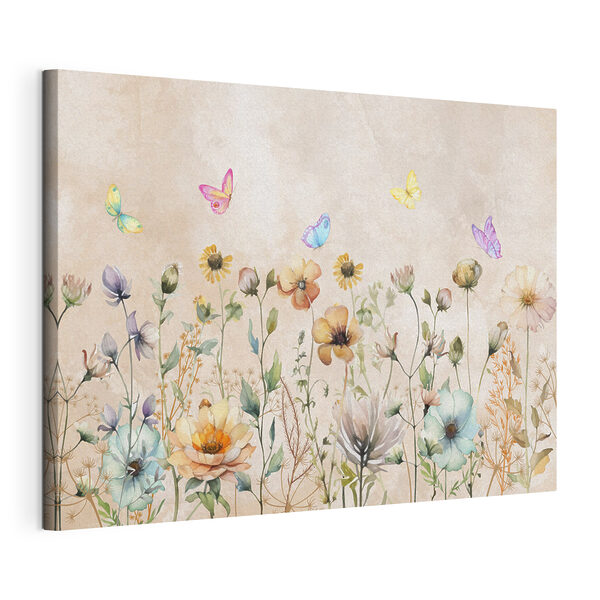 Canvas Schilderijen Een schilderij van bloemen en vlinders