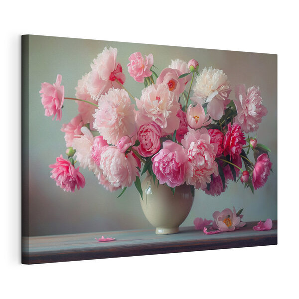 Een vaas met roze bloemen Canvas Schilderijen Een vaas met roze bloemen