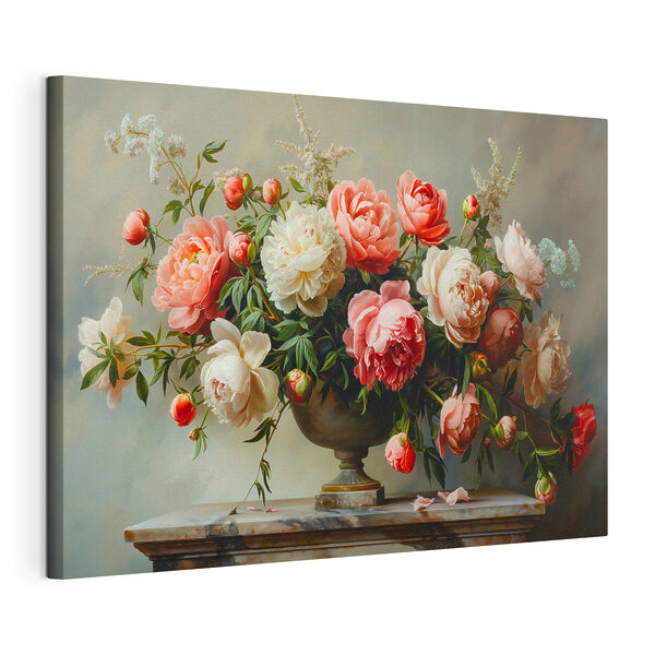 Canvas Schilderijen Een vaas met roze en witte bloemen