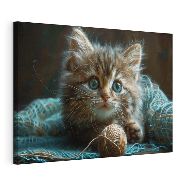 Een kat met een bal garen Canvas Schilderijen Een kat met een bal garen