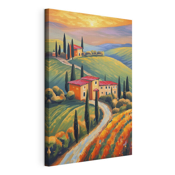 Een schilderij van een huis op een heuvel Canvas Schilderijen Een schilderij van een huis op een heuvel