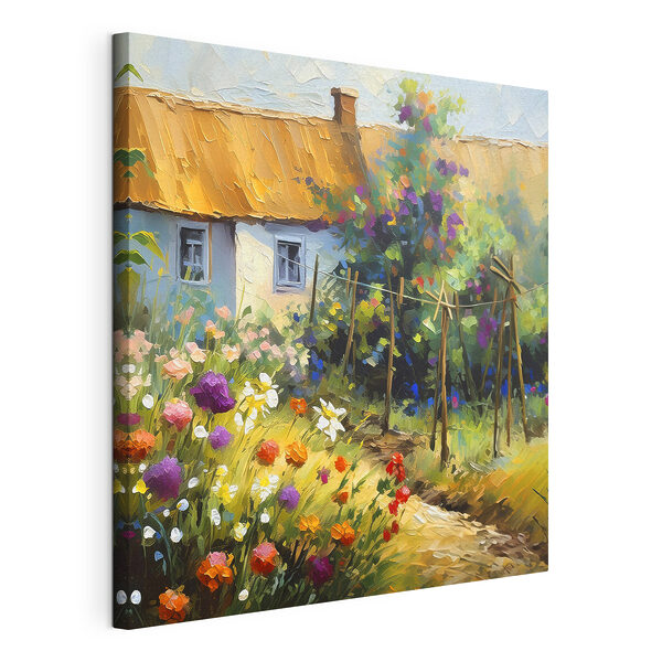 Een schilderij van een huis en bloemen Canvas Schilderijen Een schilderij van een huis en bloemen