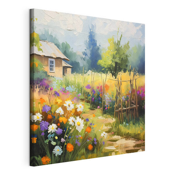 Een schilderij van een huis en bloemen Canvas Schilderijen Een schilderij van een huis en bloemen
