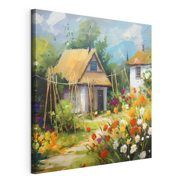 Canvas Schilderijen Een schilderij van een huis met bloemen