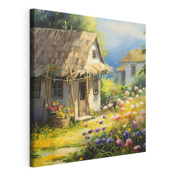 Een schilderij van een huis met bloemen Canvas Schilderijen Een schilderij van een huis met bloemen