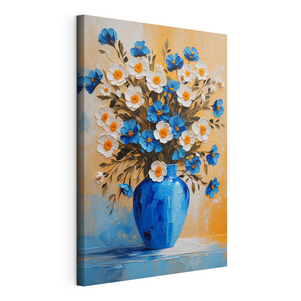 Canvas Schilderijen Een schilderij van bloemen in een blauwe vaas