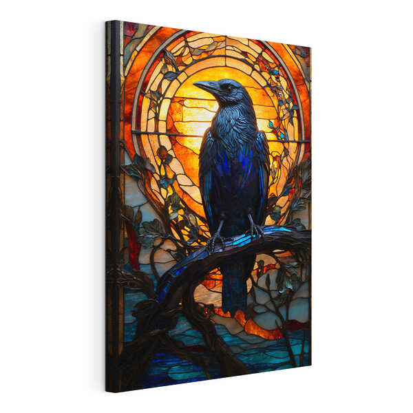 Canvas Schilderijen Een glas-in-loodraam met een vogel op een tak