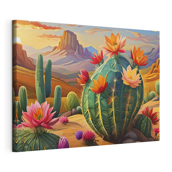 Canvas Schilderijen Een cactus met bloemen in de woestijn
