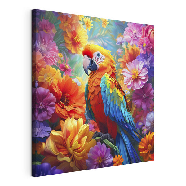 Een kleurrijke vogel zittend op een tak omringd door bloemen Canvas Schilderijen Een kleurrijke vogel zittend op een tak omringd door bloemen