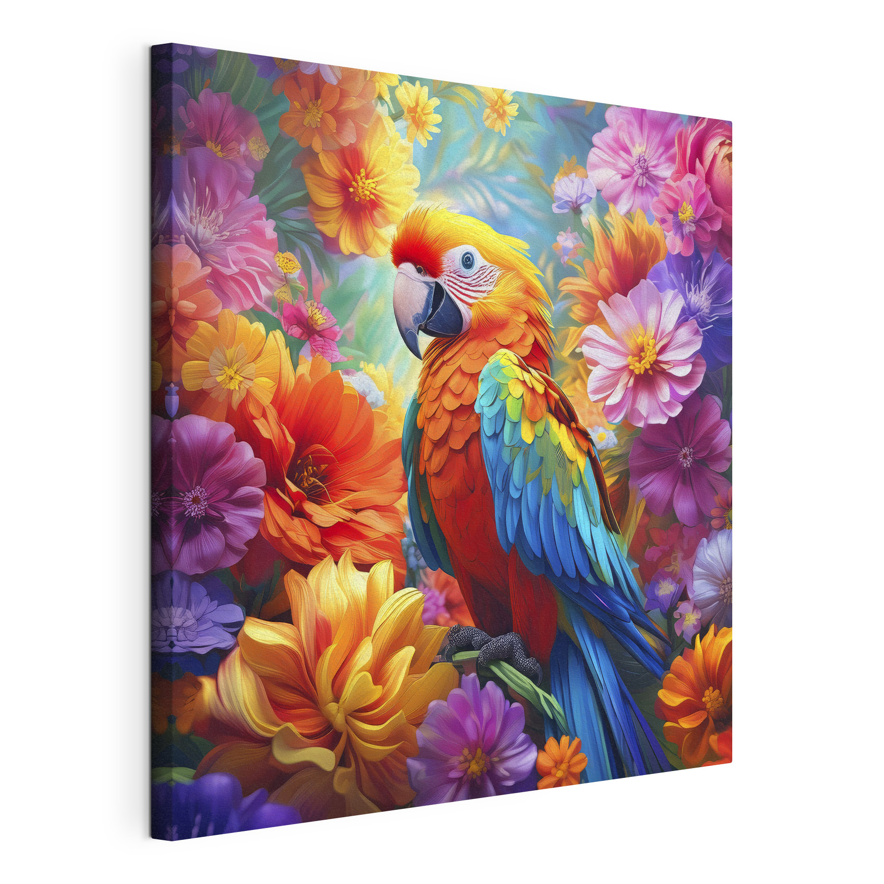 A colorful bird sitting on a branch surrounded by flowers