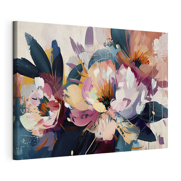 Een schilderij van bloemen en bladeren Canvas Schilderijen Een schilderij van bloemen en bladeren