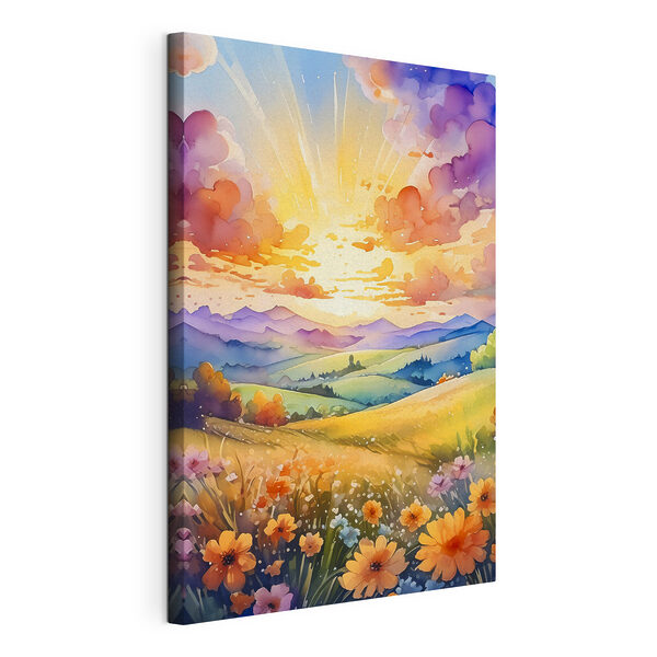 Een schilderij van een landschap met bergen en bloemen Canvas Schilderijen Een schilderij van een landschap met bergen en bloemen