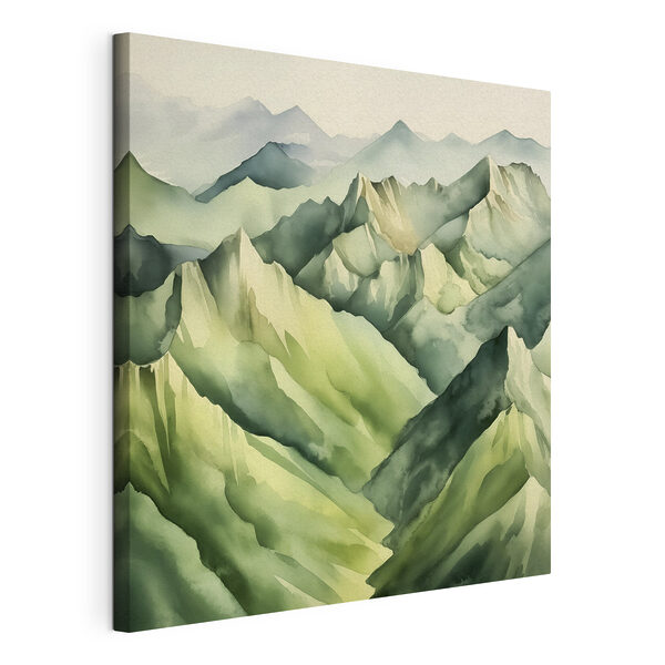 Een schilderij van bergen met mist Canvas Schilderijen Een schilderij van bergen met mist